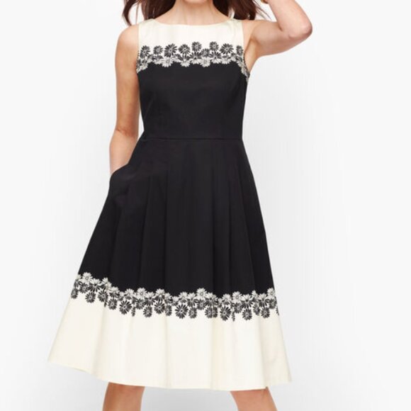 Talbots Petite Black White Daisy Embroidered Fit & Flare Dress 4P NWT - Picture 1 of 9